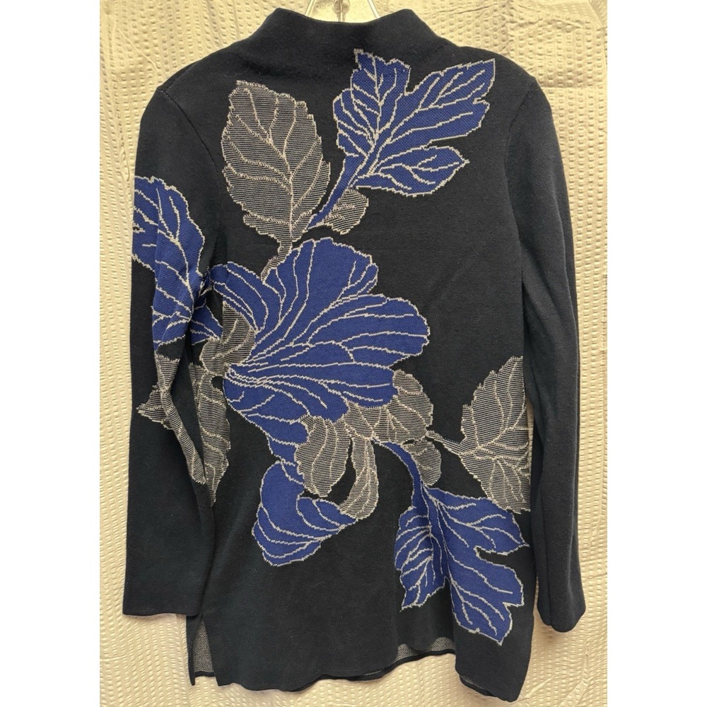 Chico's Women's Sweater Leaf Zip Back Funnel Neck Florak Jacquard‎ SZ Small Blue